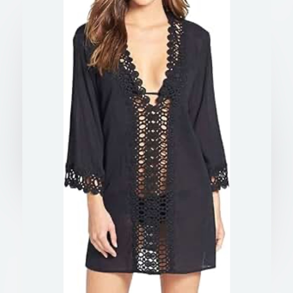 Black V-Neck Crochet Trim beach cover